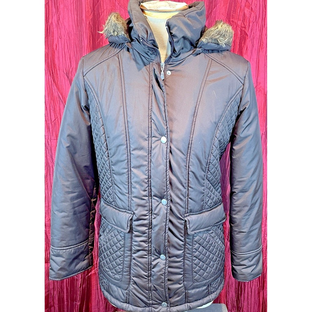 Womens White Stag Brown Quilted Long Waist Jacket w Detachable Hood sz Lg